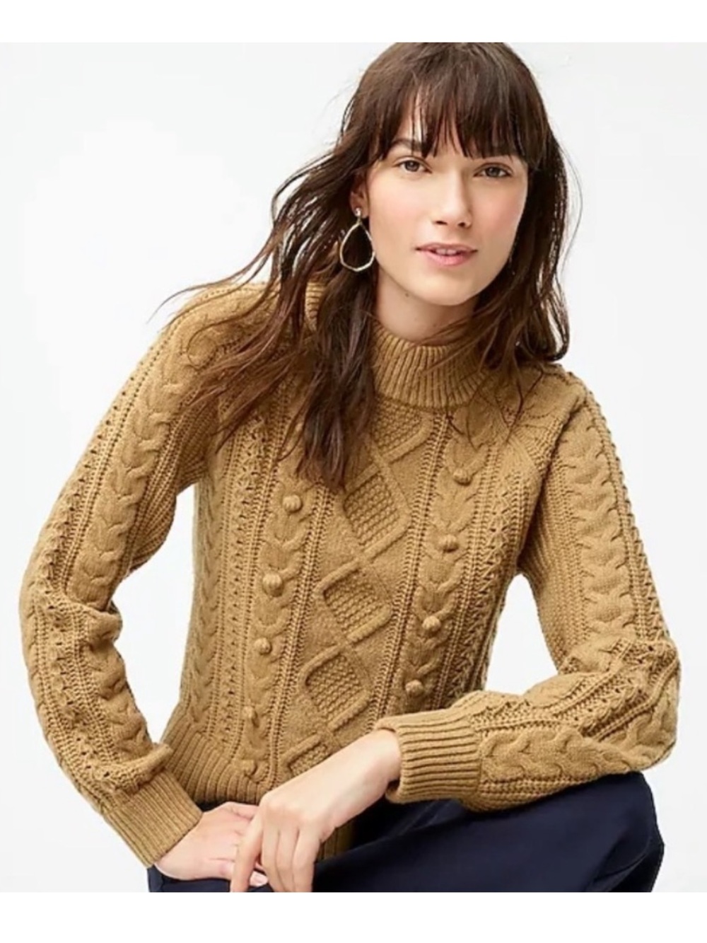 J Crew Pom Pom Cable Knit Sweater Tan Brown XL Lambswool Blend Classic